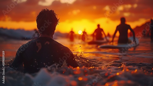 A group of surfers waiting for the perfect wave at a popular surf spot, with the sun setting in the background and the sky ablaze with vibrant colors.