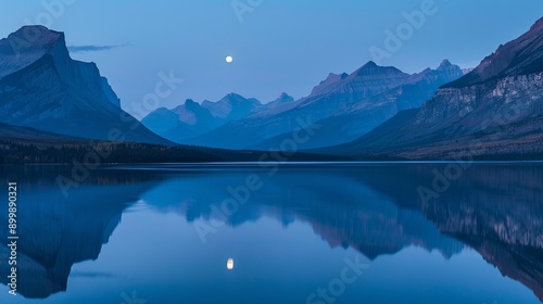 early morning moon shines over lake