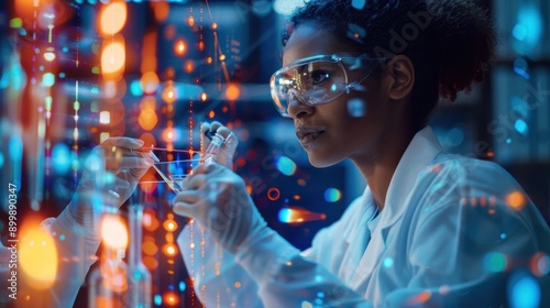 Innovative Scientist Presenting Futuristic Experiment in Classroom Lab with Double Exposure Effect and Copy Space for Text.