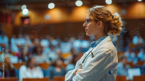 Innovative Scientist Presenting New Theory at Symposium with Dynamic Presentation Slides in University Lecture Hall Setting