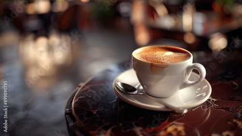 A Cup Of Coffee On A Saucer With A Spoon, A Tilt Shift Photo, Anamorphic Bokeh, Italian AI generated