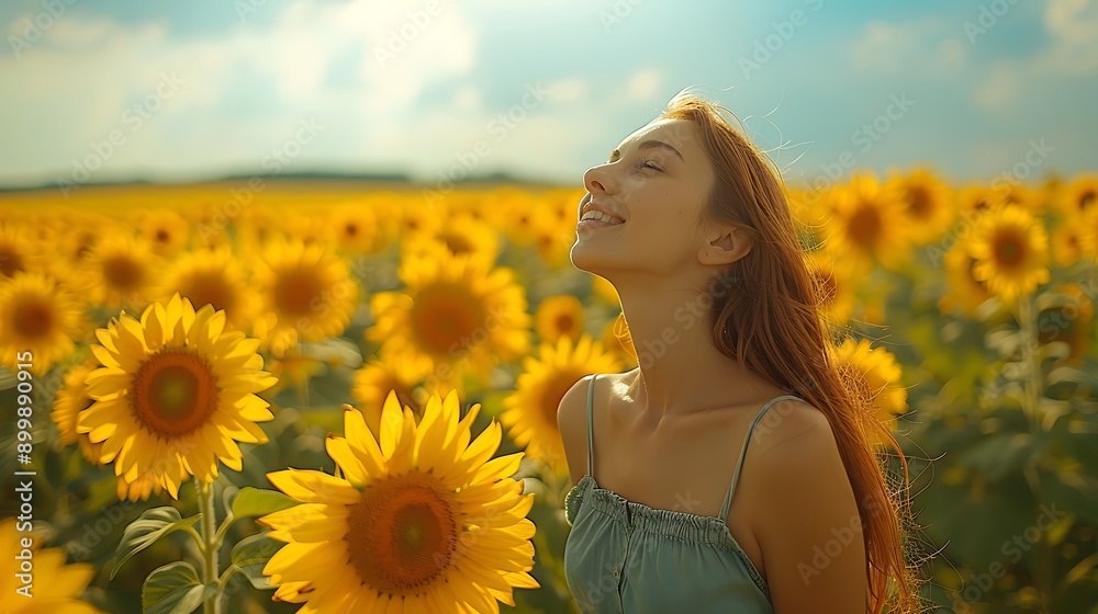 A peaceful scene of a sunflower field with the sun rising, casting a soft morning light over the vibrant yellow flowers and clear blue sky. A peaceful scene of a sunflower field with the sun rising, casting a soft morning light over the vibrant yellow flowers and clear blue sky.