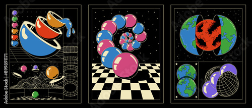 Abstract psychedelic colorful poster from 70s. Retro wallpaper with spheres and perspective floor vintage prints. Vector set