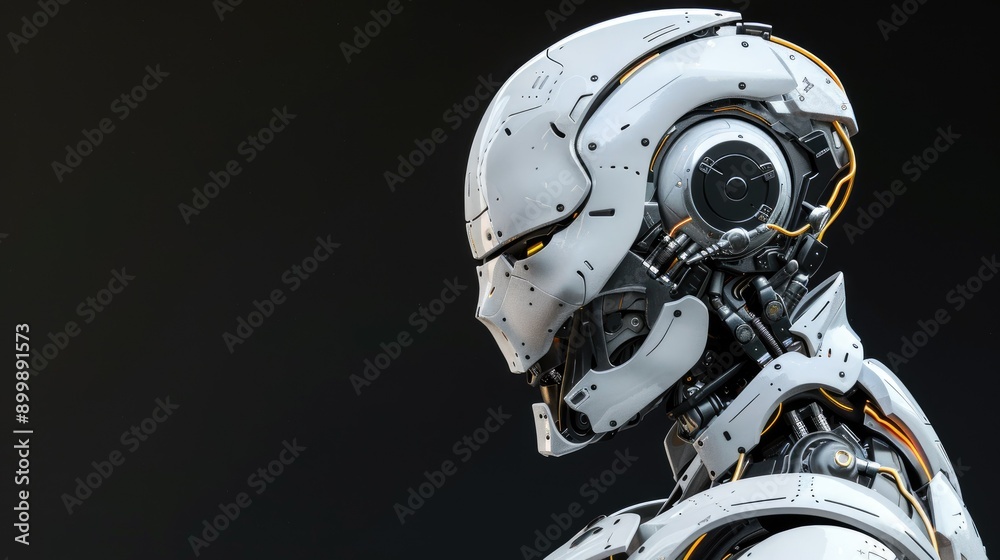 Alien robot or detailed humanoid cyborg. Side in profile view. Isolated on black background. 3d rendering AI generated Alien robot or detailed humanoid cyborg. Side in profile view. Isolated on black background. 3d rendering AI generated