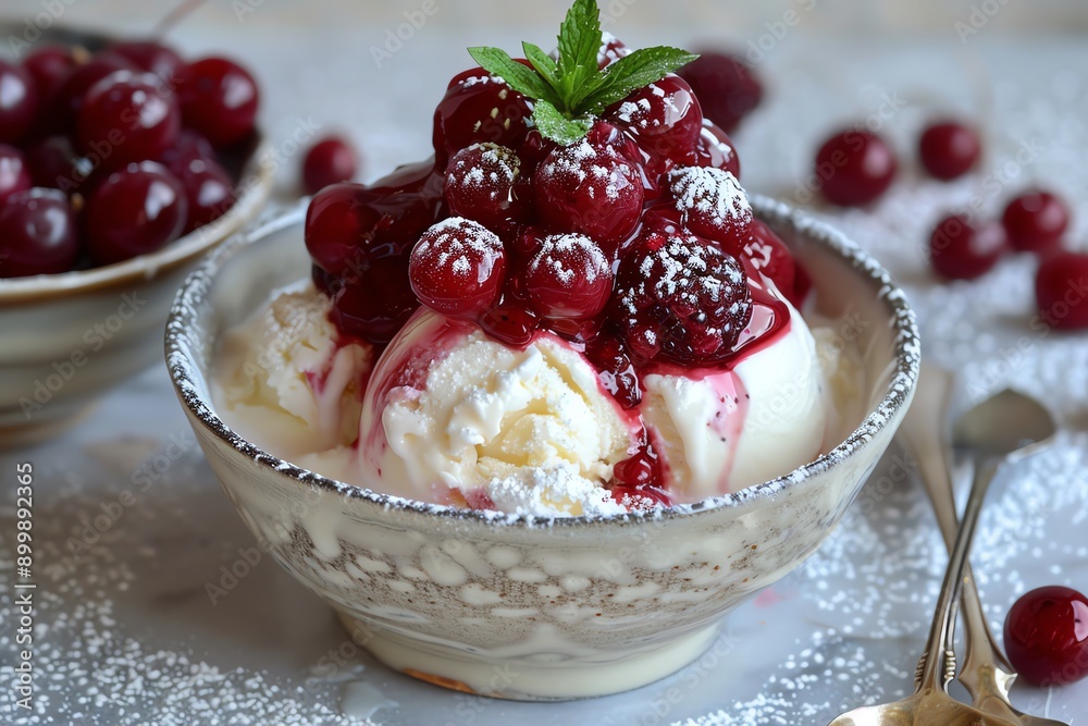 Delicious vanilla ice cream topped with fresh cherries and a sprig of mint. Perfect dessert for summer days. Delicious vanilla ice cream topped with fresh cherries and a sprig of mint. Perfect dessert for summer days.