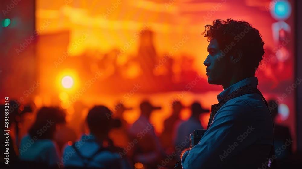 Fototapeta premium Future-Forward Photographer Sharing Portfolio Tips in Workshop Silhouette