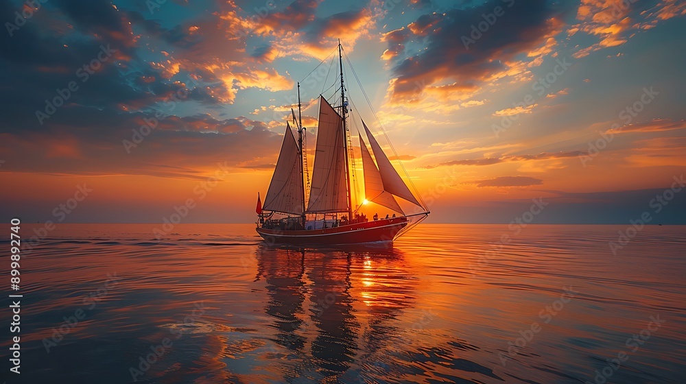 Fototapeta premium A serene sunset sailing scene with a sailboat gliding across calm waters, people silhouetted on deck, and the sky painted in hues of orange and pink.