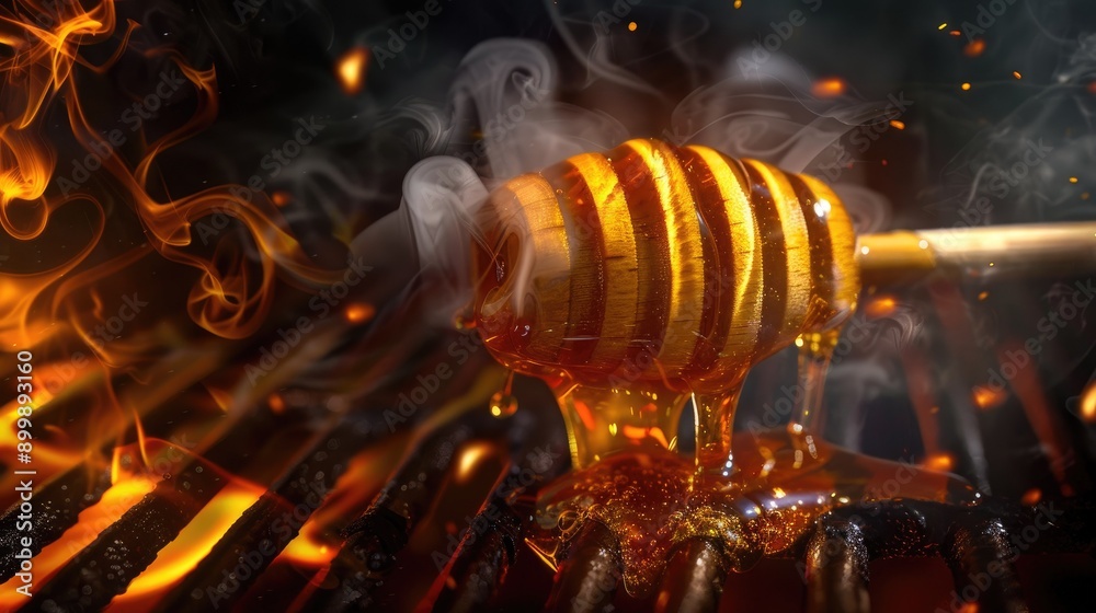 Photo-realistic illustration, honey dipper dripping golden honey, resting on a fiery grill, smoke rising, intense glowing embers, rich black background AI generated Photo-realistic illustration, honey dipper dripping golden honey, resting on a fiery grill, smoke rising, intense glowing embers, rich black background AI generated