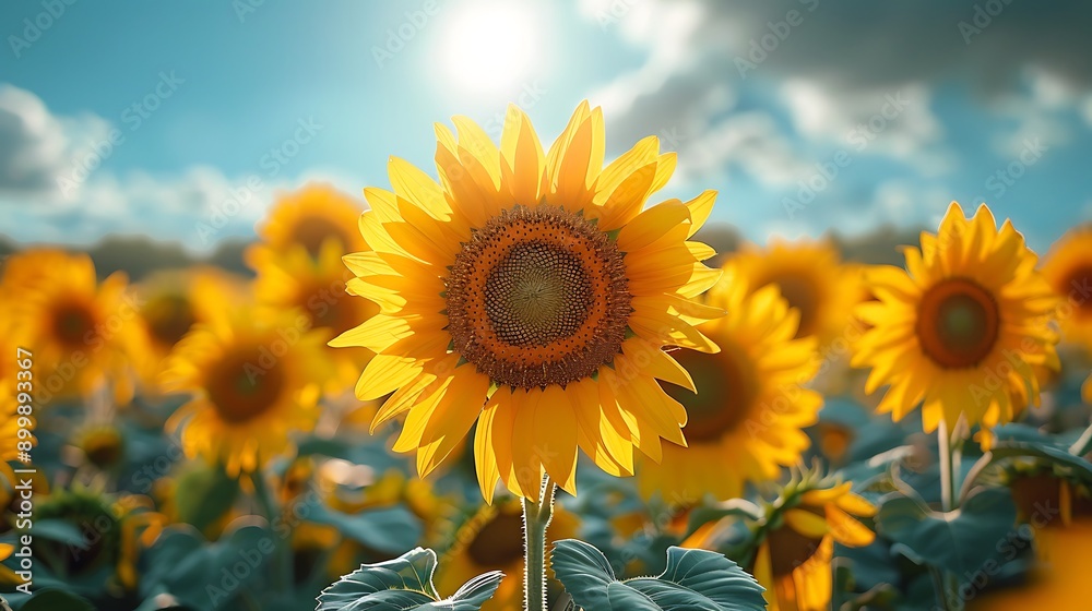 Fototapeta premium A vibrant image of a sunflower field under a clear blue sky, with the bright yellow flowers standing tall and facing the sun, creating a cheerful and lively atmosphere.