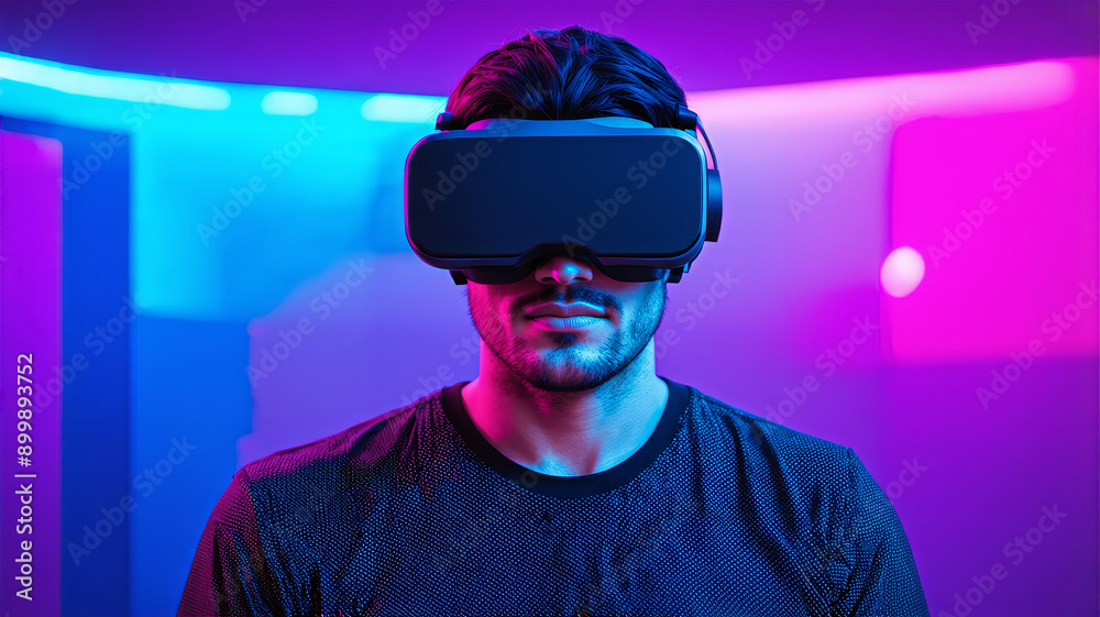 Immersive Virtual Reality Experience - Man Using VR Headset in Neon Lights