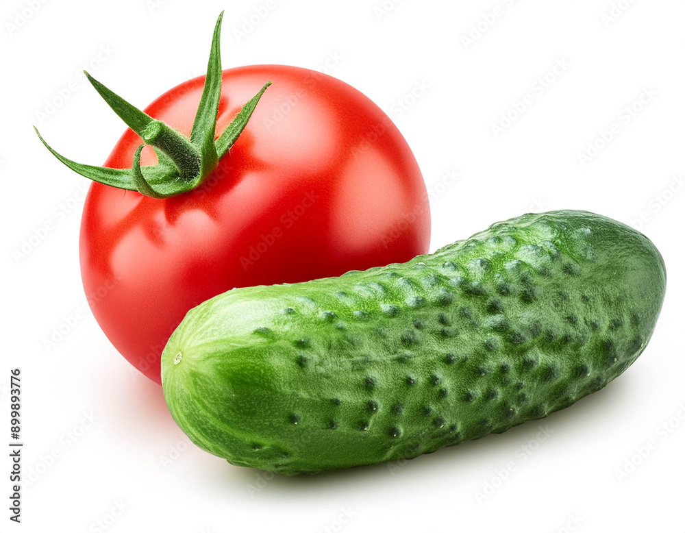 Gurke mit Tomate isoliert auf weißen Hintergrund, Freisteller Gurke mit Tomate isoliert auf weißen Hintergrund, Freisteller
