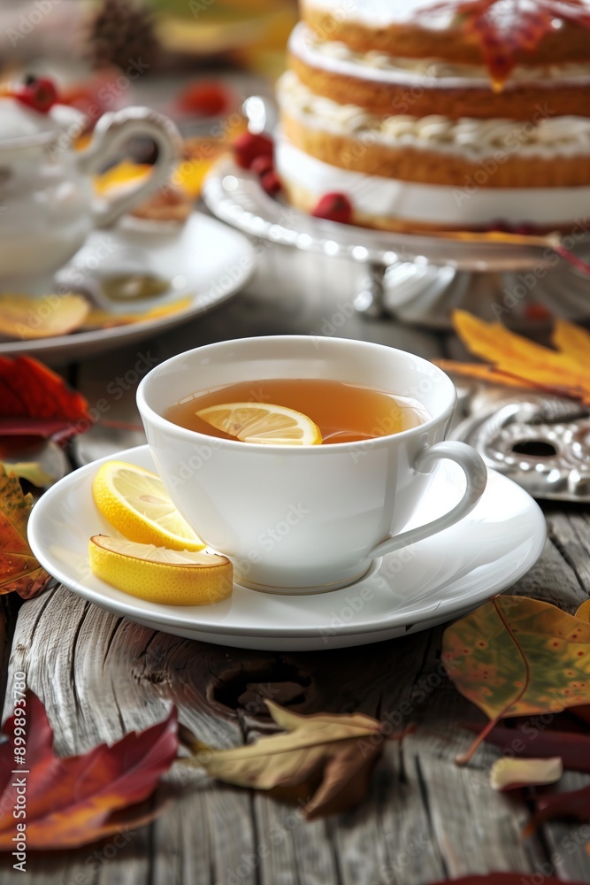 white porcelain teacup filled with hot tea, garnished with a slice of lemon, sits on a matching saucer. The teacup is surrounded by colorful autumn leaves white porcelain teacup filled with hot tea, garnished with a slice of lemon, sits on a matching saucer. The teacup is surrounded by colorful autumn leaves