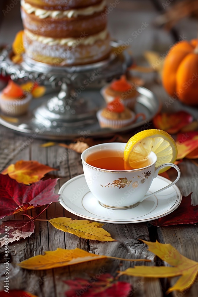 white porcelain teacup filled with hot tea, garnished with a slice of lemon, sits on a matching saucer. The teacup is surrounded by colorful autumn leaves white porcelain teacup filled with hot tea, garnished with a slice of lemon, sits on a matching saucer. The teacup is surrounded by colorful autumn leaves