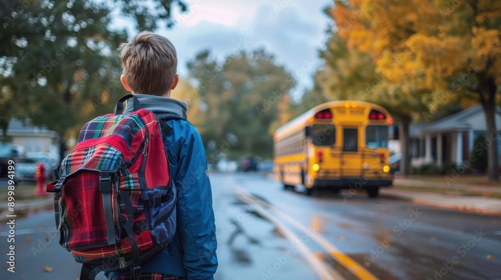 Naklejka premium Young Boy Waiting for School Bus on Rainy Morning in Autumn. Generative AI