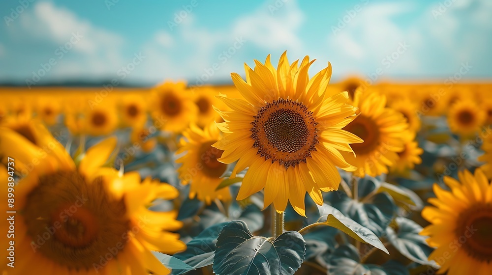 Fototapeta premium An aerial view of a sunflower field in full bloom, with rows of bright yellow sunflowers under a clear blue sky, and a gentle breeze moving through the field.