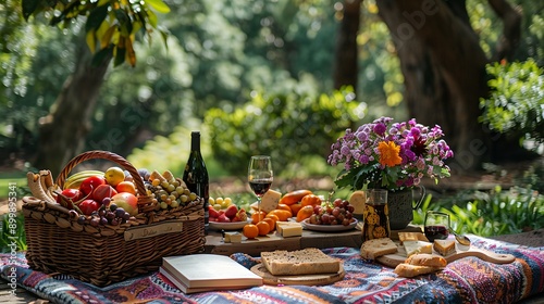 A beautiful summer picnic setup with a colorful blanket, a basket of fresh fruits, cheese, and wine, with a book and a bouquet of flowers, all in a sun-drenched park with lush greenery.