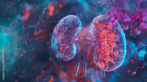 3d rendering of human tiled kidney with cancer cells inside