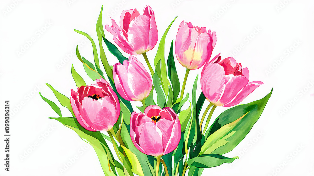 Fototapeta premium Beautiful Pink Tulips Illustration with Vibrant Green Leaves for Spring Decor and Botanical Prints