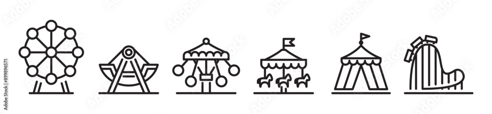 Simple Amusement park icon set. Amusement park line icon. Fun recreation attraction sign, ferris wheel, carnival carousel, circus, horizon train roller coaster, festival fun tent, transparent, Eps10 Simple Amusement park icon set. Amusement park line icon. Fun recreation attraction sign, ferris wheel, carnival carousel, circus, horizon train roller coaster, festival fun tent, transparent, Eps10