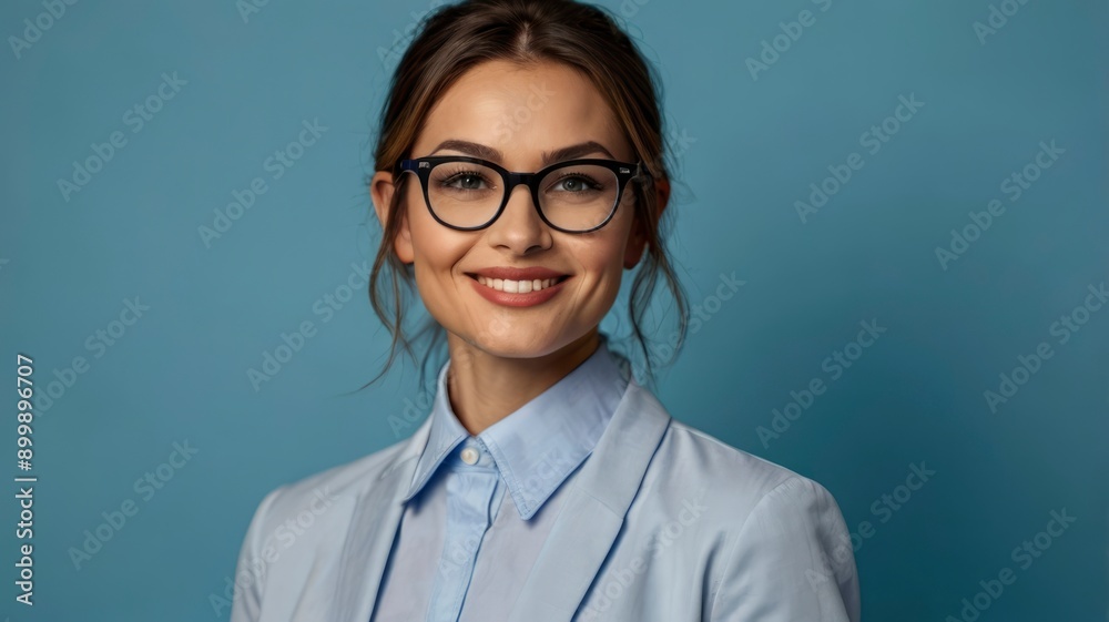 Satisfied woman wearing glasses, portrait on blue background Satisfied woman wearing glasses, portrait on blue background