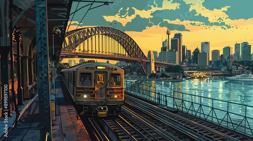 Colourful sky over Sydney city CBD high-rise towers at sunrise around Sydney harbour and the Sydney Harbour bridge in elevated aerial panorama.