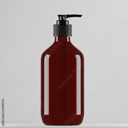 A cylindrical 200ml amber PET plastic bottle with a black pump dispenser and a black cap. The bottle is standing upright on a plain background. It appears to be designed for skincare products and is e photo