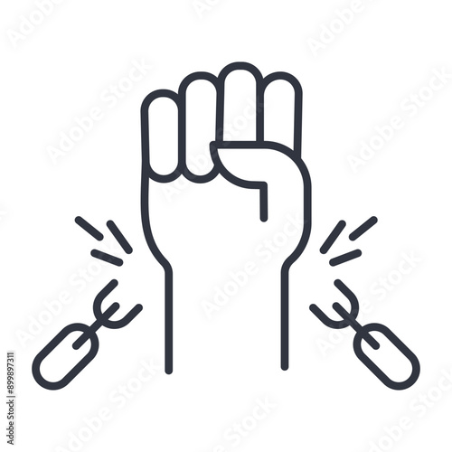 Vector icon freedom and release from shackles. Raised upward fist breaks the chain. Human rights, concept of independence. Editable stroke thin line sign isolated on white background.