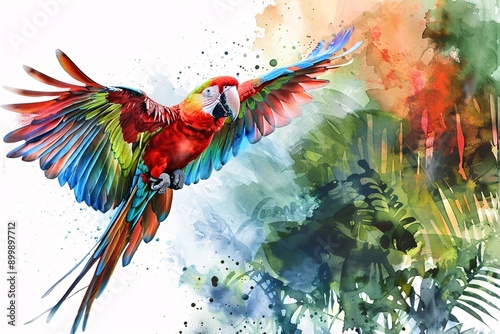 Majestic Watercolor Illustration of Colorful Parrot Soaring in Lush Tropical Forest on White Background