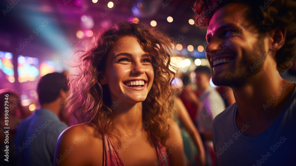 Young woman smiling at a party with friends in the background Young woman smiling at a party with friends in the background