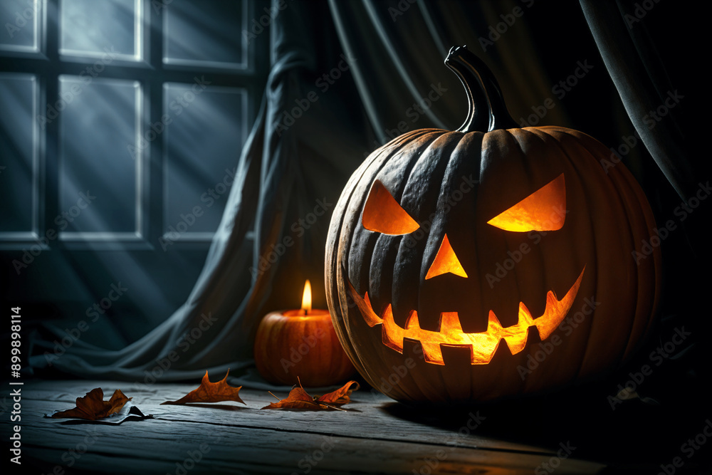 Obraz premium Halloween-themed scene with a carved pumpkin, lit candle and fallen leaves on a wooden surface. A window with curtains is visible in the background.