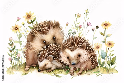 Whimsical Watercolor Garden Adventure - Curious Hedgehog Family Exploration on White Background