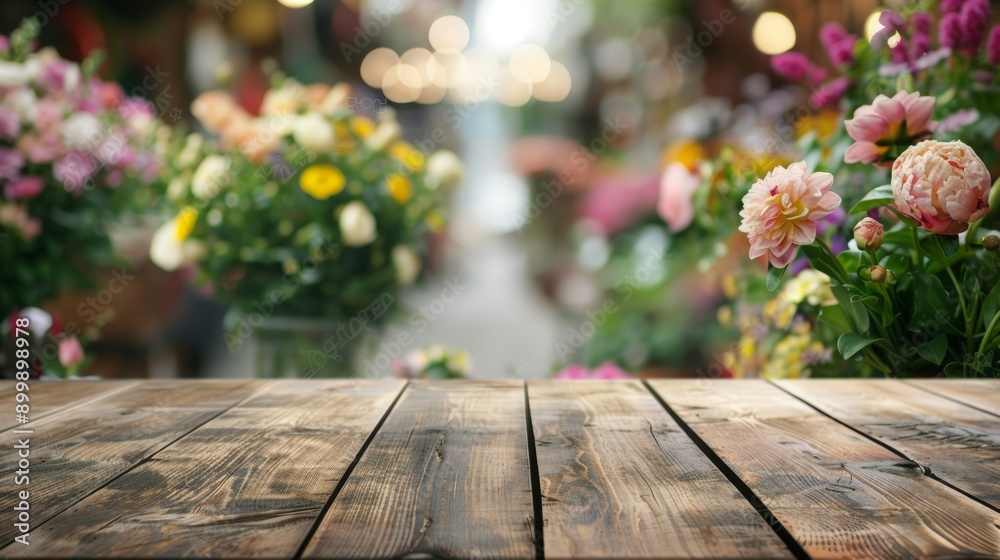 Empty Wooden Table with Flowers in Background, perfect for displaying products or showcasing designs Empty Wooden Table with Flowers in Background, perfect for displaying products or showcasing designs
