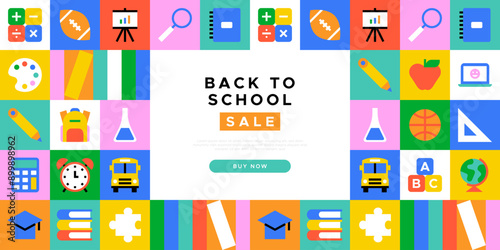 Back to school sale geometric web banner template. Modern flat education supplies cartoon icon background, fun study supply illustration. Children stationery shop, online business discount design.