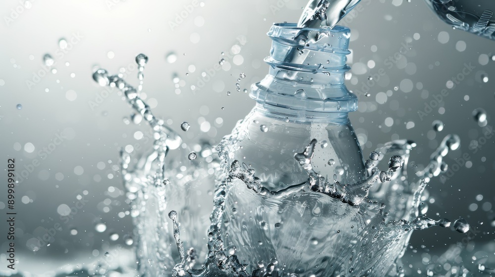 Water Pouring into Plastic Bottle with Splashing Water Droplets Water Pouring into Plastic Bottle with Splashing Water Droplets