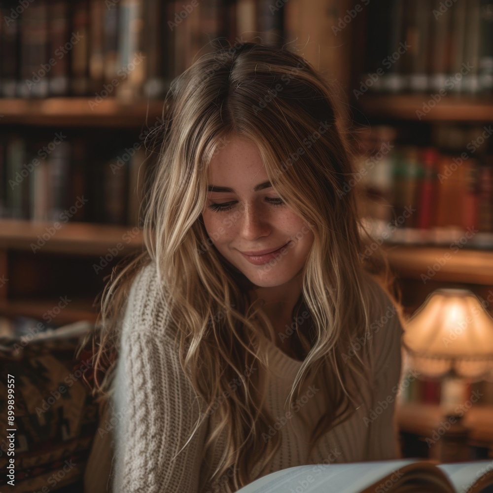 A woman smiles as she reads a book. AI. A woman smiles as she reads a book. AI.