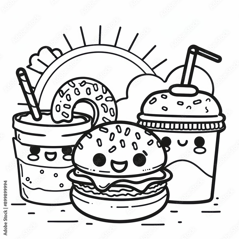 A Cute Cartoon Set of a Donut, Burger, and Soda A Cute Cartoon Set of a Donut, Burger, and Soda