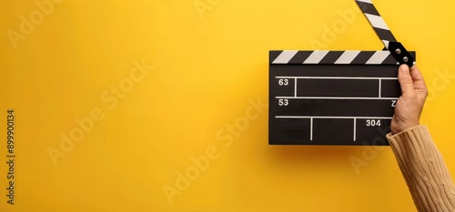 Hand Holding a Film Clapperboard Against a Yellow Background