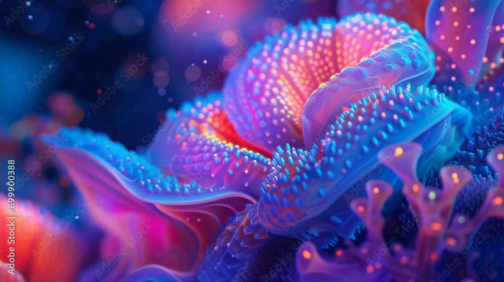 A mesmerizing close-up of abstract neon coral, highlighting its vivid colors and unique textures. The electric blues, purples, and pinks create a stunning underwater fantasy scene, ideal for creative A mesmerizing close-up of abstract neon coral, highlighting its vivid colors and unique textures. The electric blues, purples, and pinks create a stunning underwater fantasy scene, ideal for creative