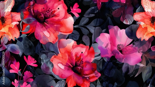 seamless floral allover pattern with abstract watercolor black background for digital print.