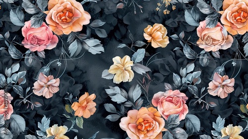 seamless floral allover pattern with abstract watercolor black background for digital print. © somneuk