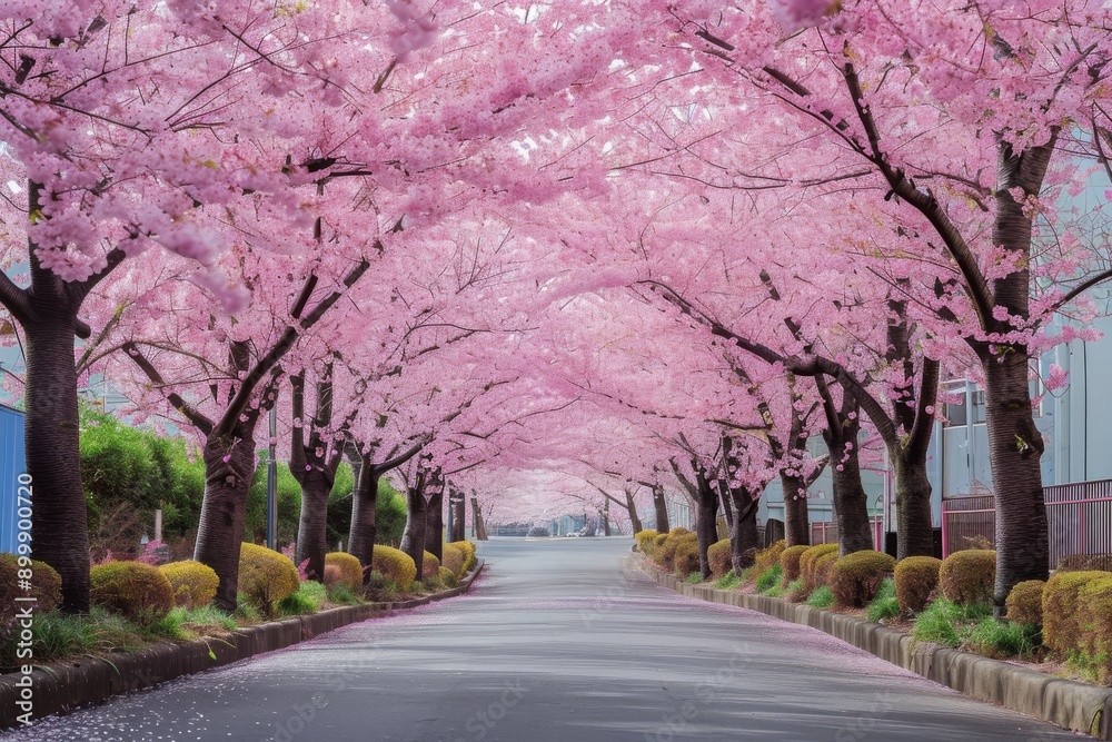 A busy street filled with numerous pink trees lining the sidewalks, creating a vibrant and colorful atmosphere, Park alley filled with cherry blossom trees, AI Generated A busy street filled with numerous pink trees lining the sidewalks, creating a vibrant and colorful atmosphere, Park alley filled with cherry blossom trees, AI Generated