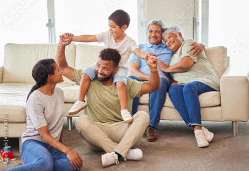 Big family, children and playing with love, grandparents and toys with creativity, happiness and comfort. Game, home and people in living room, time together, care and relax with fun and joy photo