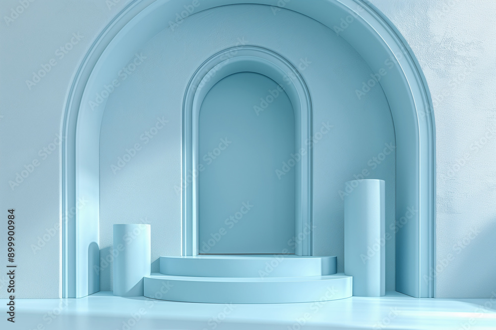 A blue room with pillars and a large archway A blue room with pillars and a large archway