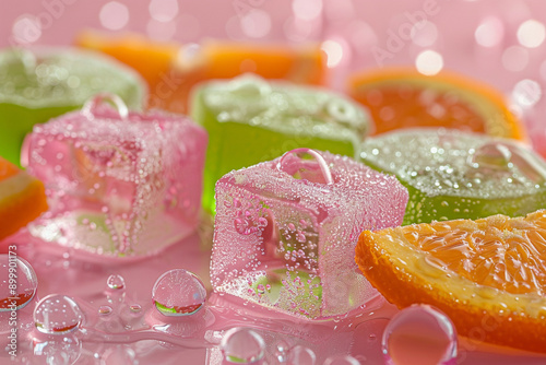 A colorful assortment of ice cubes and oranges on a pink background