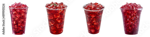 Set of A enticing red iced beverage in a plastic cup on a transparent background