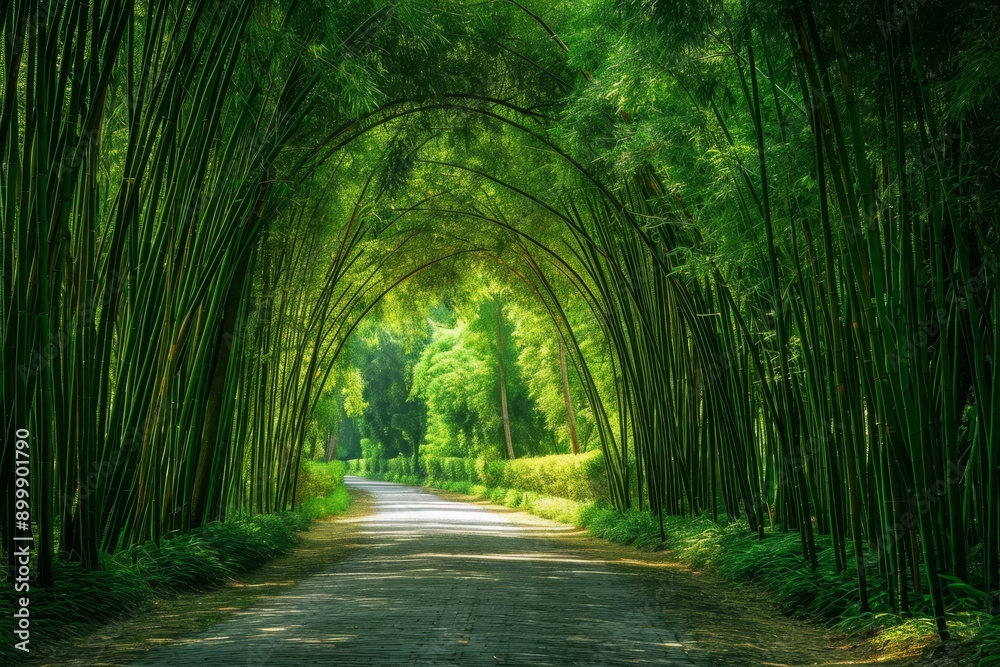 Fototapeta premium A picturesque road surrounded by a dense grouping of trees, showcasing the beauty of a forested landscape, Park pathway surrounded by a lush bamboo tree alley, AI Generated