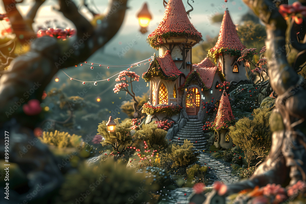 Obraz premium Fairytale kingdom diorama. Adorable miniature fantasy world. Cute palace with tiled roof in a fairy village.
