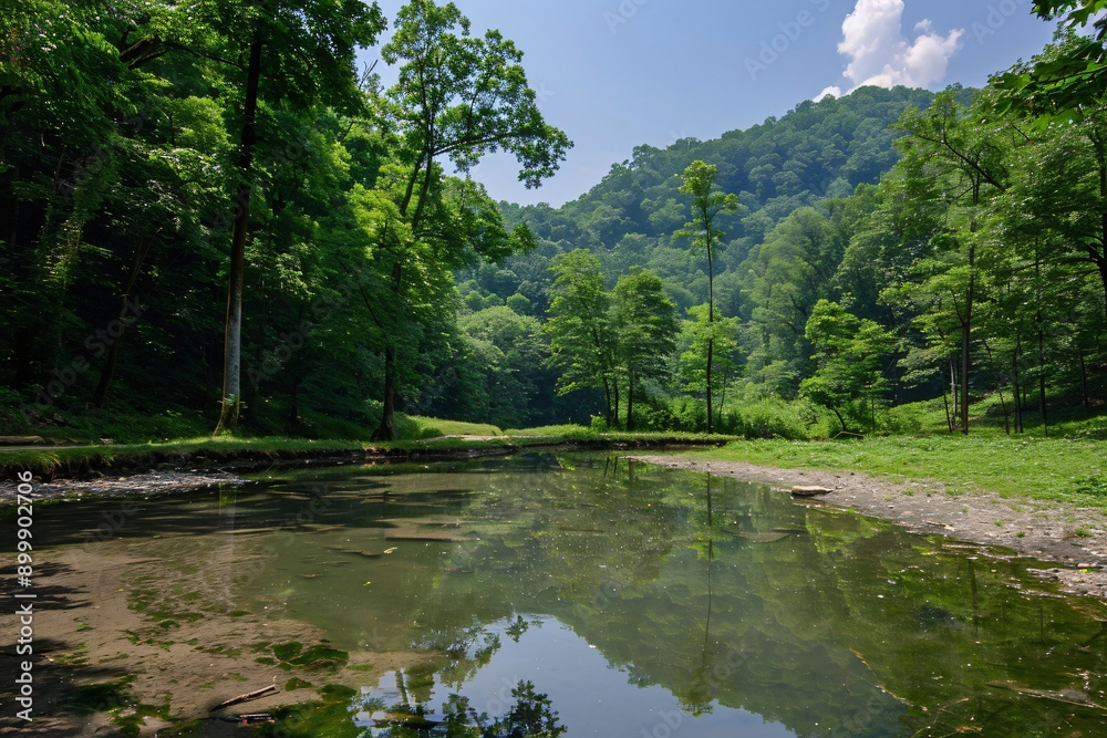 Calm river flowing through green forest in summer Calm river flowing through green forest in summer
