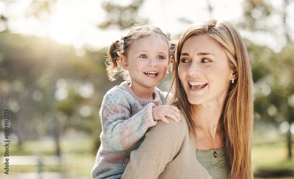 Obraz premium Happy, park and mom with child for playing for fun, bonding and playful relationship. Family, nature and mother carrying young girl for adventure outdoors for care, love and support on weekend