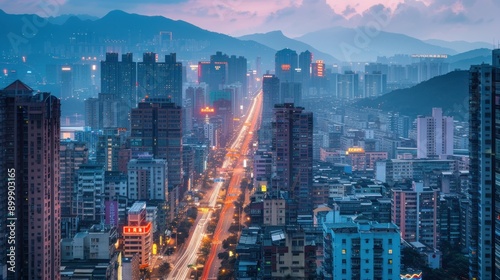 Cityscape of a bustling metropolis with towering skyscrapers and vibrant lights at dusk photo